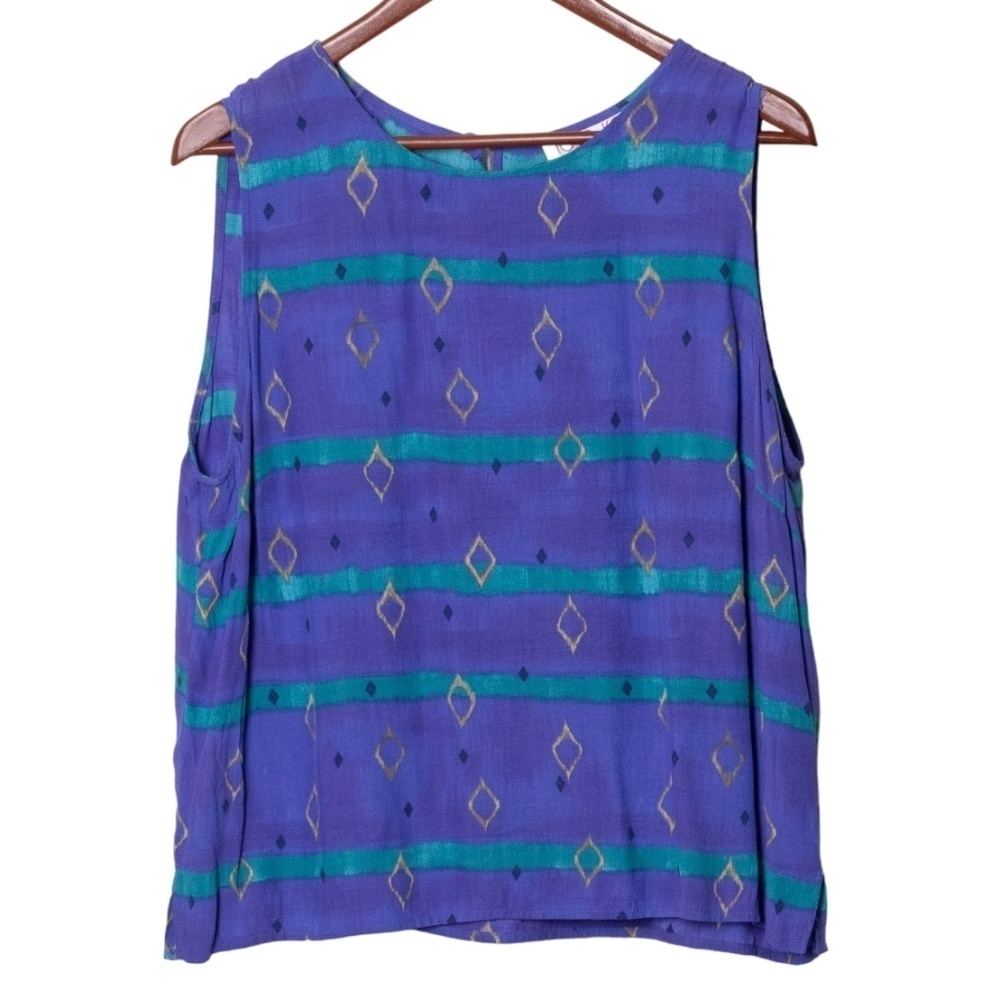 Toto N Ko Geometric Print Sleeveless Top Size 14 80s Postmodern Funky Artsy Blue